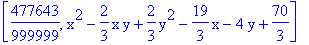 [477643/999999, x^2-2/3*x*y+2/3*y^2-19/3*x-4*y+70/3]